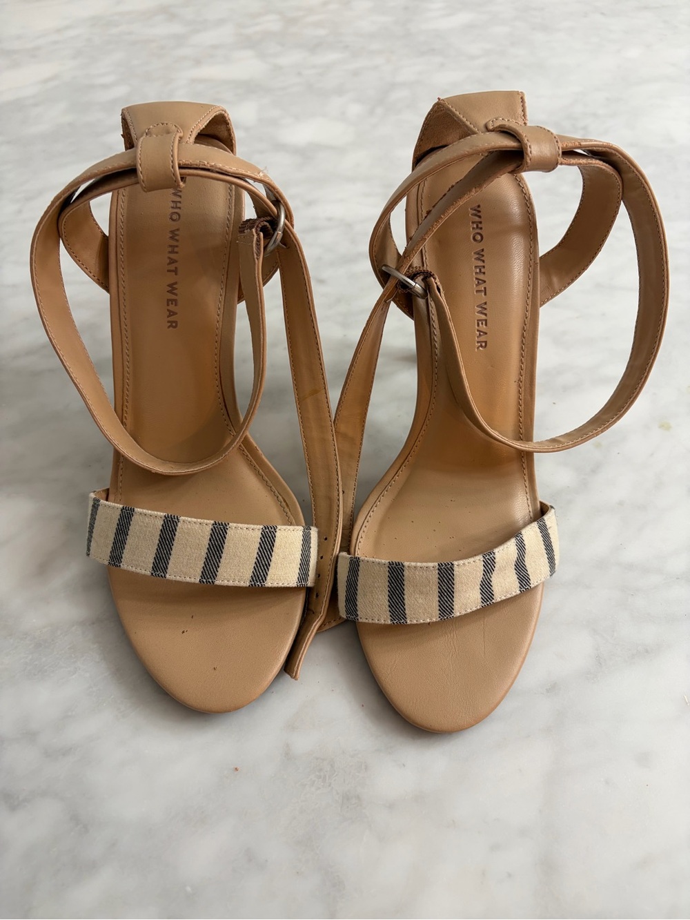 Who What Wear Tan Ankle-Tie Sandals with Striped Canvas Band
